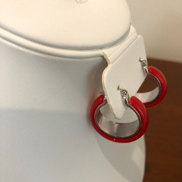 Cute Red Silver Tone Hoop Earrings. - Picture 2 of 10